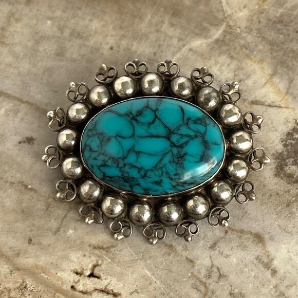 Vintage Sterling Silver 925 Southwest Style Filigree Oval Faux Turquoise Brooch - Picture 2 of 16